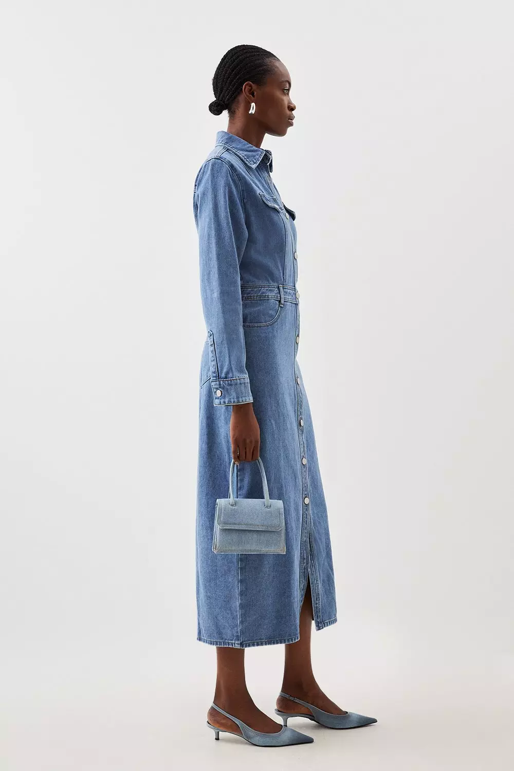 Denim Long Sleeve Midi Shirt Dress | Karen Millen